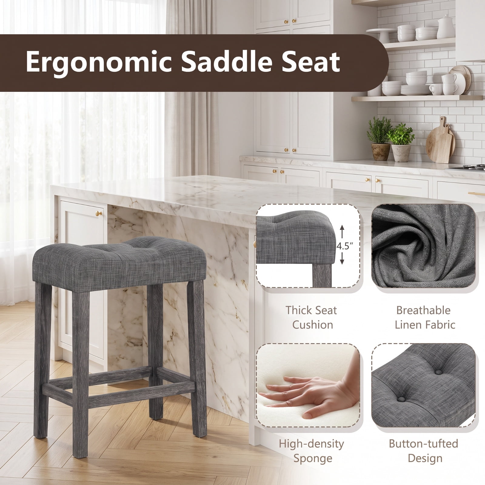 Furnibear 24 Inch Set of 2 Saddle Bar Stools with Padded Seat for Kitchen Island Counter Bar Pub Dining Home, Gray