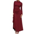 thumbnail image 2 of Women'S Solid Color Long Sleeve Crew Neck Ruched Waist Flowy A Line High Low Midi Irregular Split Dress Wine Red S, 2 of 6