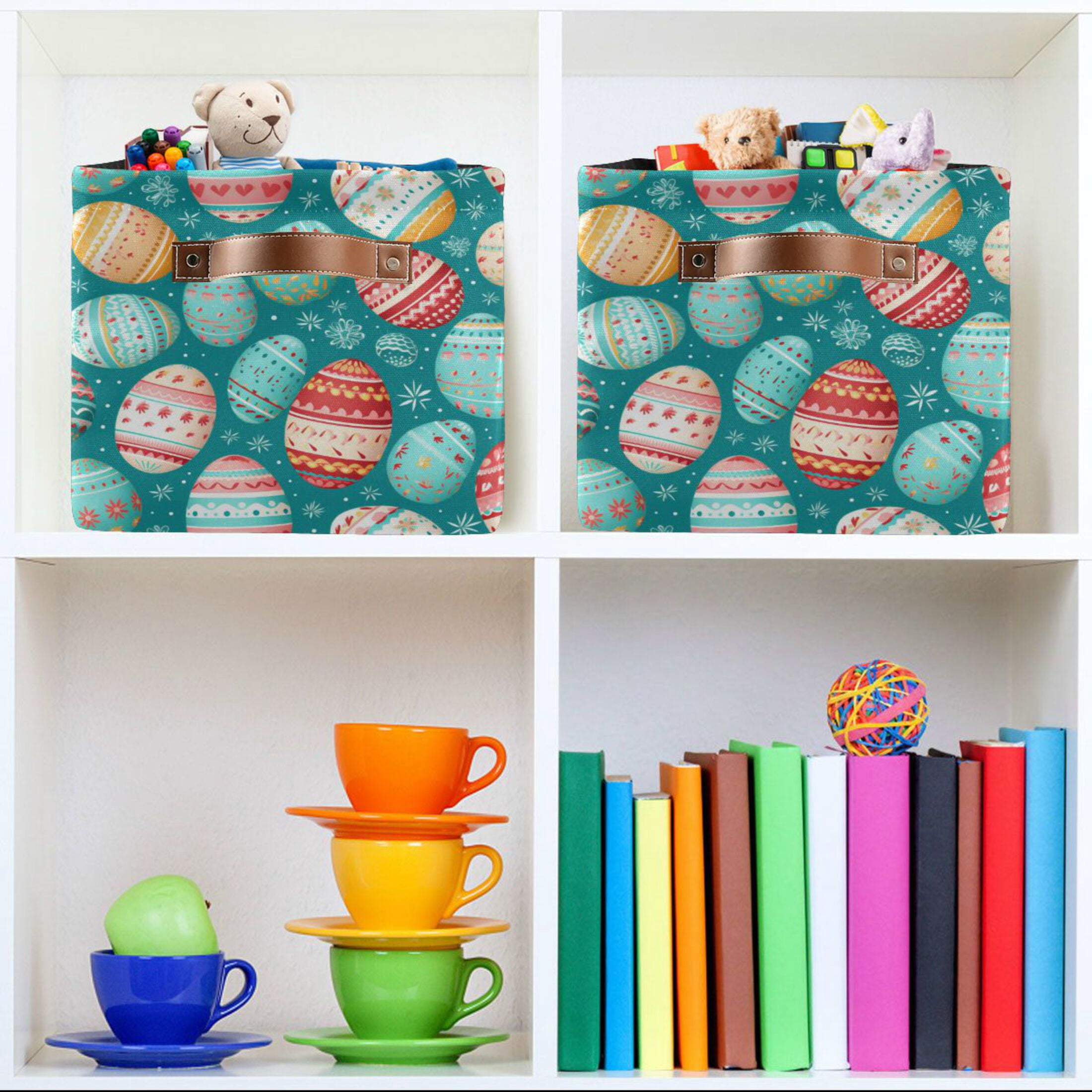 Easter Eggs with Snow Storage Bins with Handle Fabric Organizer Basket Foldable Box 2 Pack 14.2x10.2x8.3