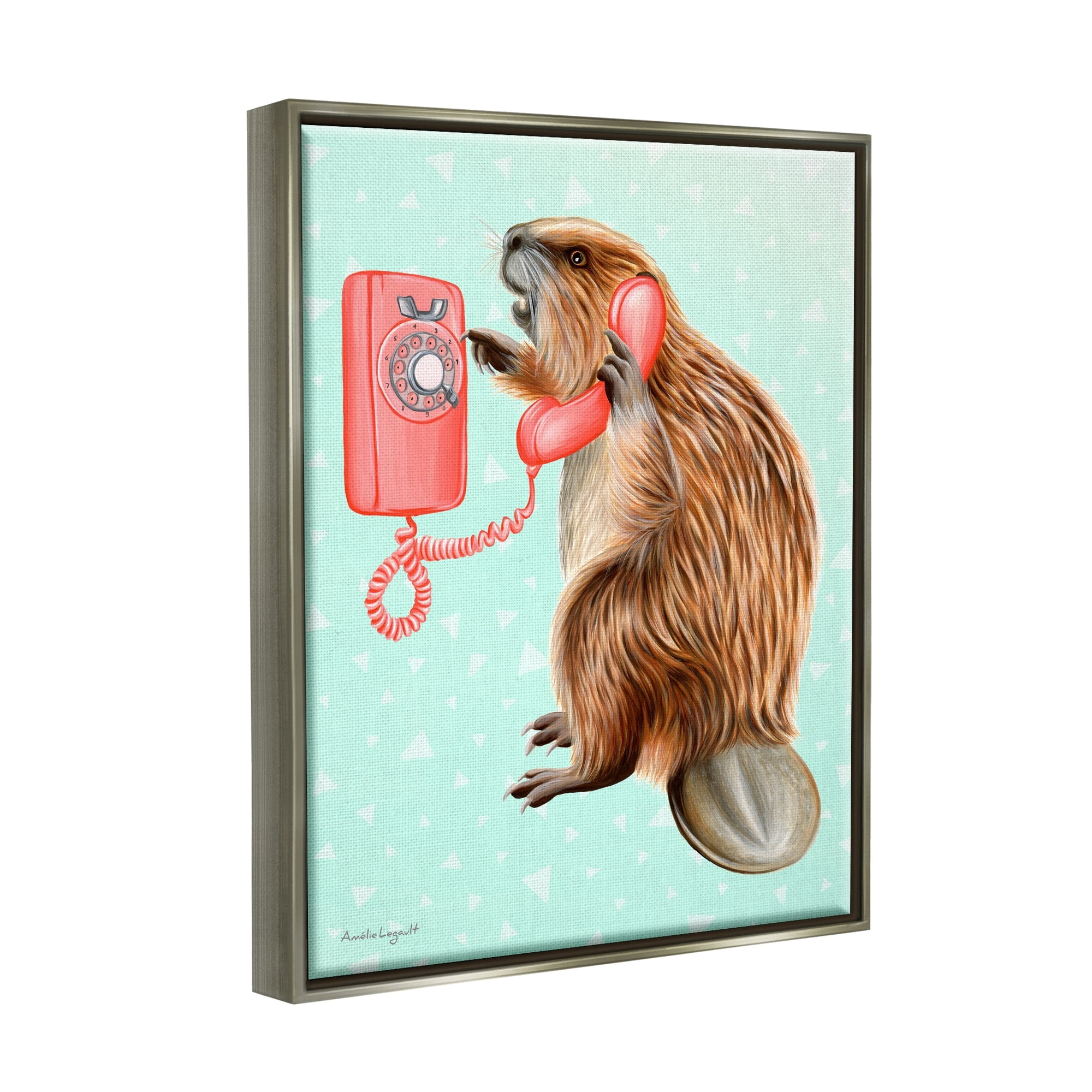 Stupell Industries Beaver Dialing Telephone Vintage Turquoise Shapes Design Graphic Art Luster Gray Floating Framed Canvas Print Wall Art, Design by Amelie Legault