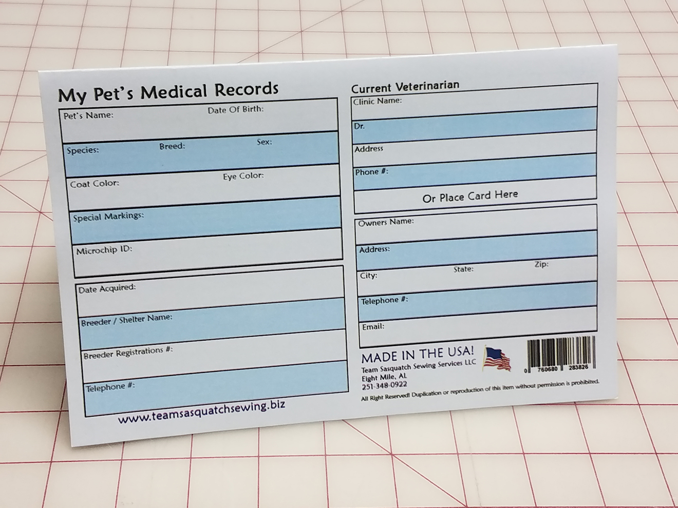 Pet Health Records 1/2 Fold with inside pocket A PLACE FOR