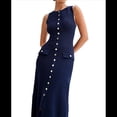 thumbnail image 3 of Vestido de Punto de Verano para Mujer, Sin Mangas, con Botonadura Sencilla, Cuello Redondo y Abertura, Ajustado Al Cuerpo. Azul L, 3 of 10