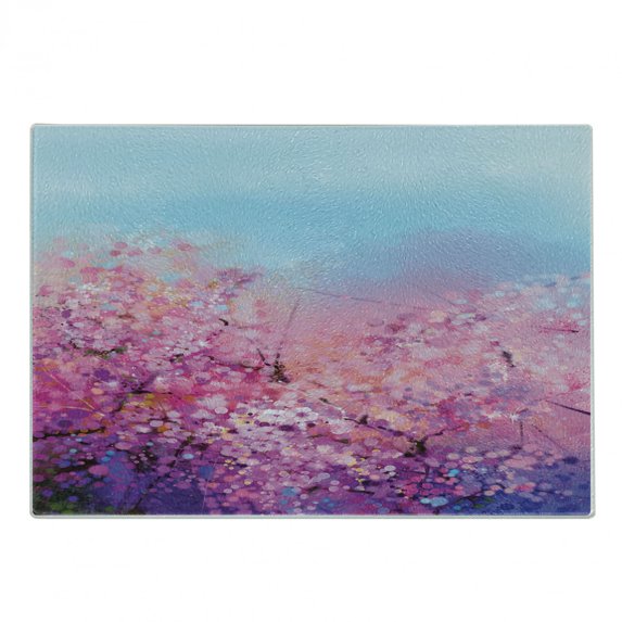 Flower Cutting Board, Sakura Blossom Floral Beauty with Sky Japanese Inspired Cherry Spring Theme, Decorative Tempered Glass Cutting and Serving Board, Small Size, Purple Pale Blue, by Ambesonne