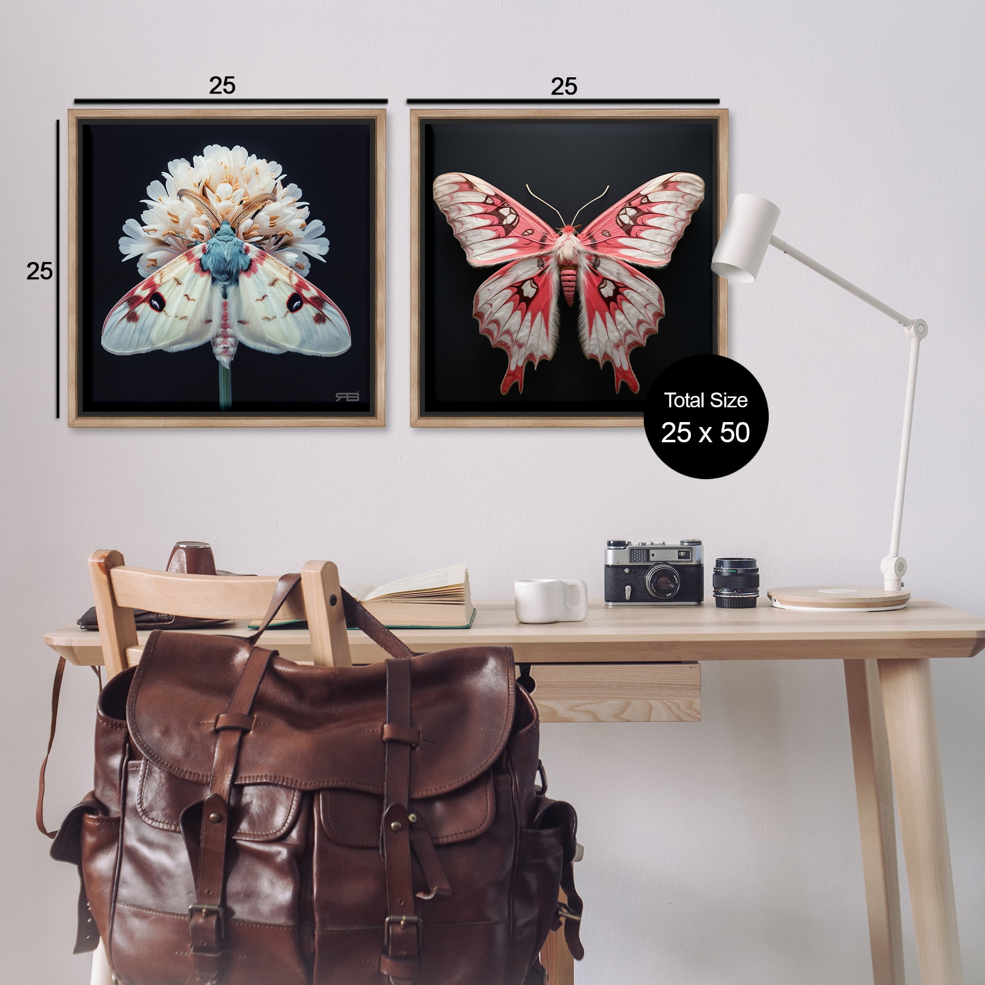 Stupell Industries Detailed Pink Moths Flower Animals Painting Brown Floater Framed Canvas Art Print Wall Art, 25 x 25, Set of 2