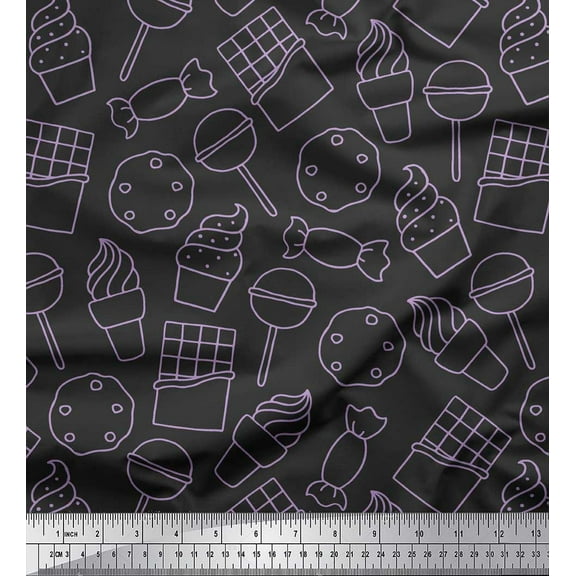 Soimoi Gray polyester Crepe Fabric Cookies & Cupcake Food Print Fabric by Yard 42 Inch Wide