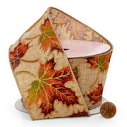 Fall Leaves On Natural Wired Ribbon - 2 1/2 Inches Wide x 10 Yards (56000006)