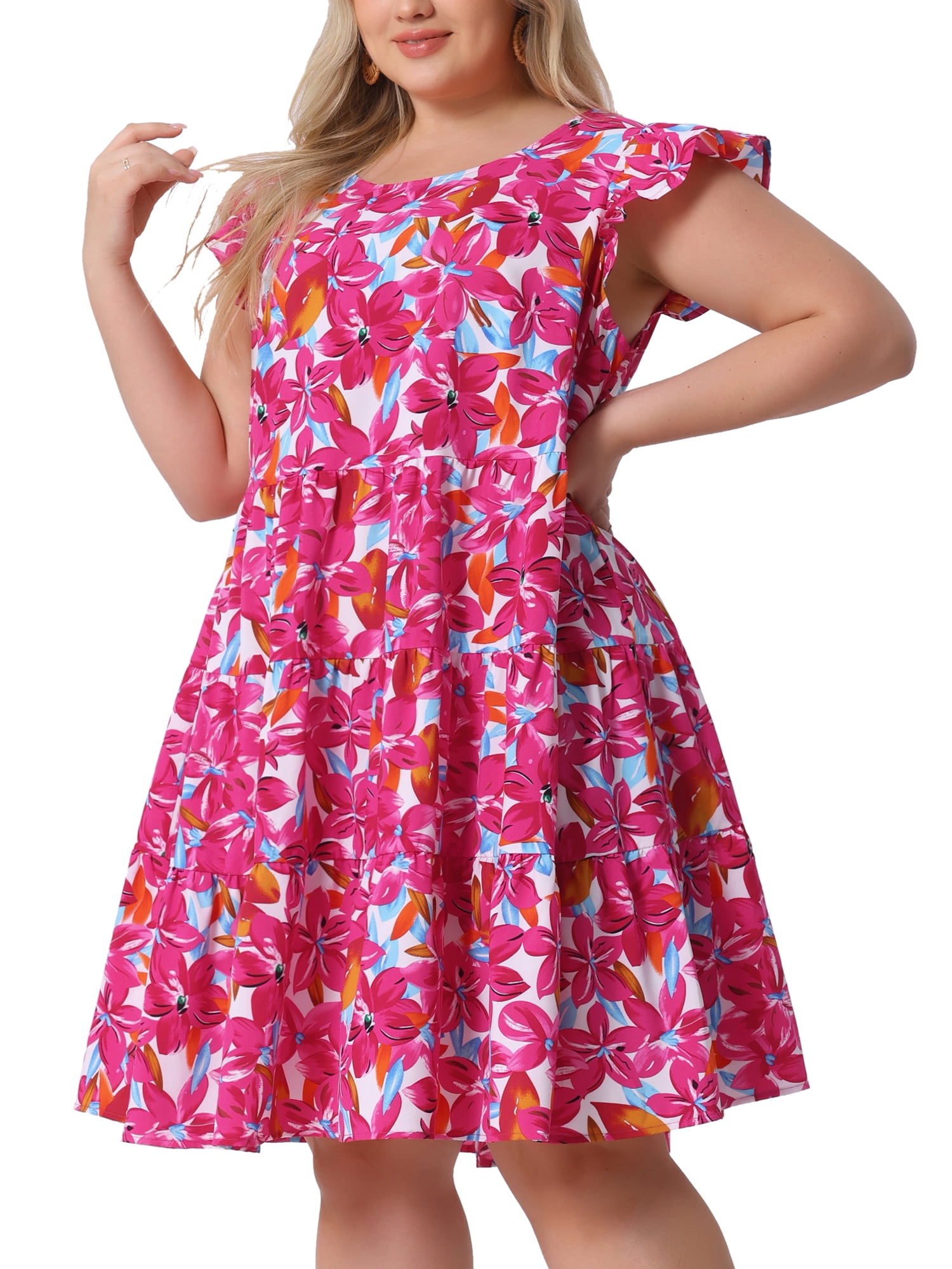 DARING DIVA Plus Size Boho Flutter Sleeves Round Neck Floral Print Dress 4X Red