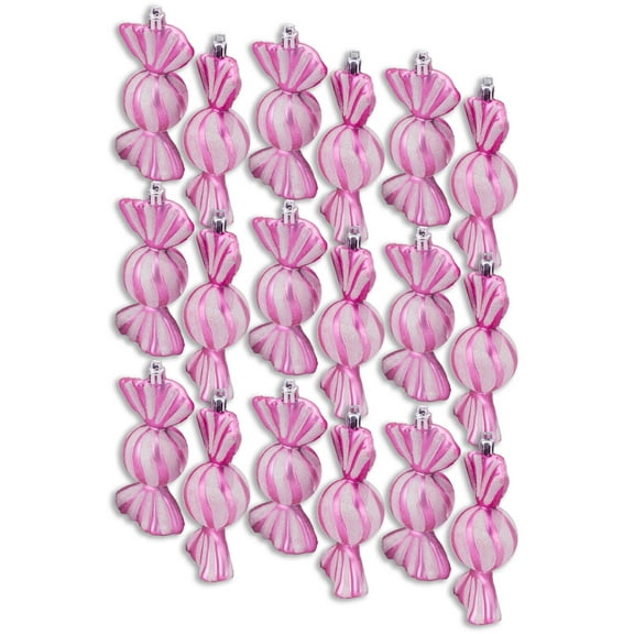 18 Pack of Pink and White Candy Ornaments with Glitter Enhancements