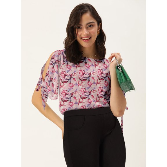 DressBerry Women's Rayon Slub Round Neck Top Casual Summer Knot Cuff Split Sleeves Printed Cold Shoulders Western Style High Waist Light Weighted Blouse