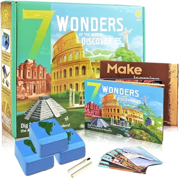 Piano Potato 7 Wonders of the World Dig Kit for Kids - Geography STEM Archaeology Excavation Set with World Map Play Mat, Learning Cards & 7 Historic Landmark Models, Gift for Boys & Girls Ages 6 
