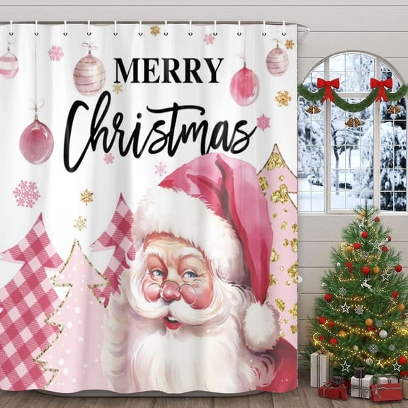 Merry Christmas Santa Claus Shower Curtain, Pink Santa Claus Christmas Tree Waterproof Fabric Shower Curtain Set, Funny Xmas Santa Winter Snowflake Holiday Shower Curtain with Hooks,70X70IN