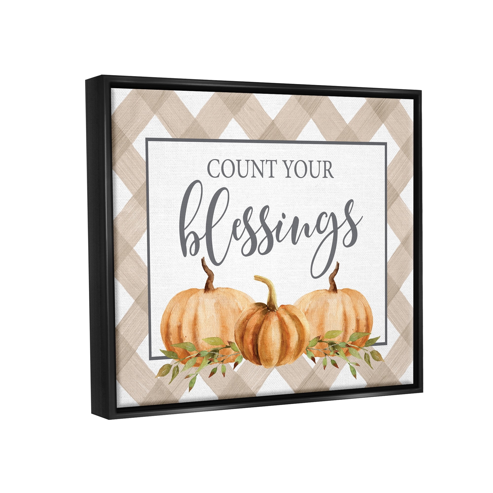 Stupell Industries Count Your Blessings Thankful Pumpkin Tartan Design Graphic Art Jet Black Floating Framed Canvas Print Wall Art, Design by Lettered and Lined