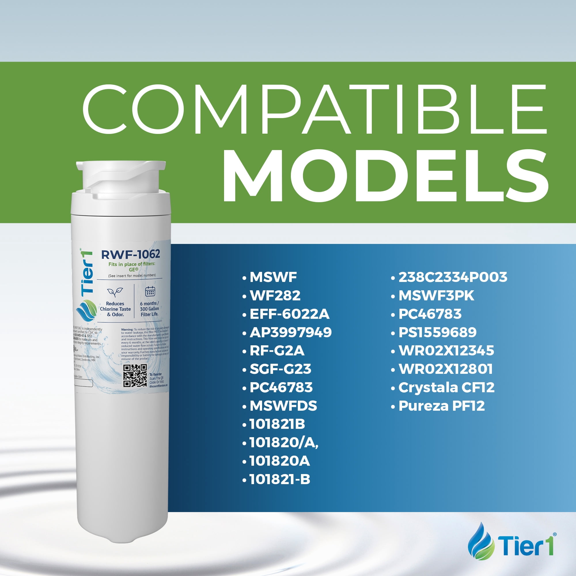 Tier1 MSWF Refrigerator Water Filter 3-pk | Replacement for GE MSWF SmartWater 101820A, 101821B, MSWFDS, WF282, EFF-6022A, SGF-G23, AP3997949, Fridge Filter