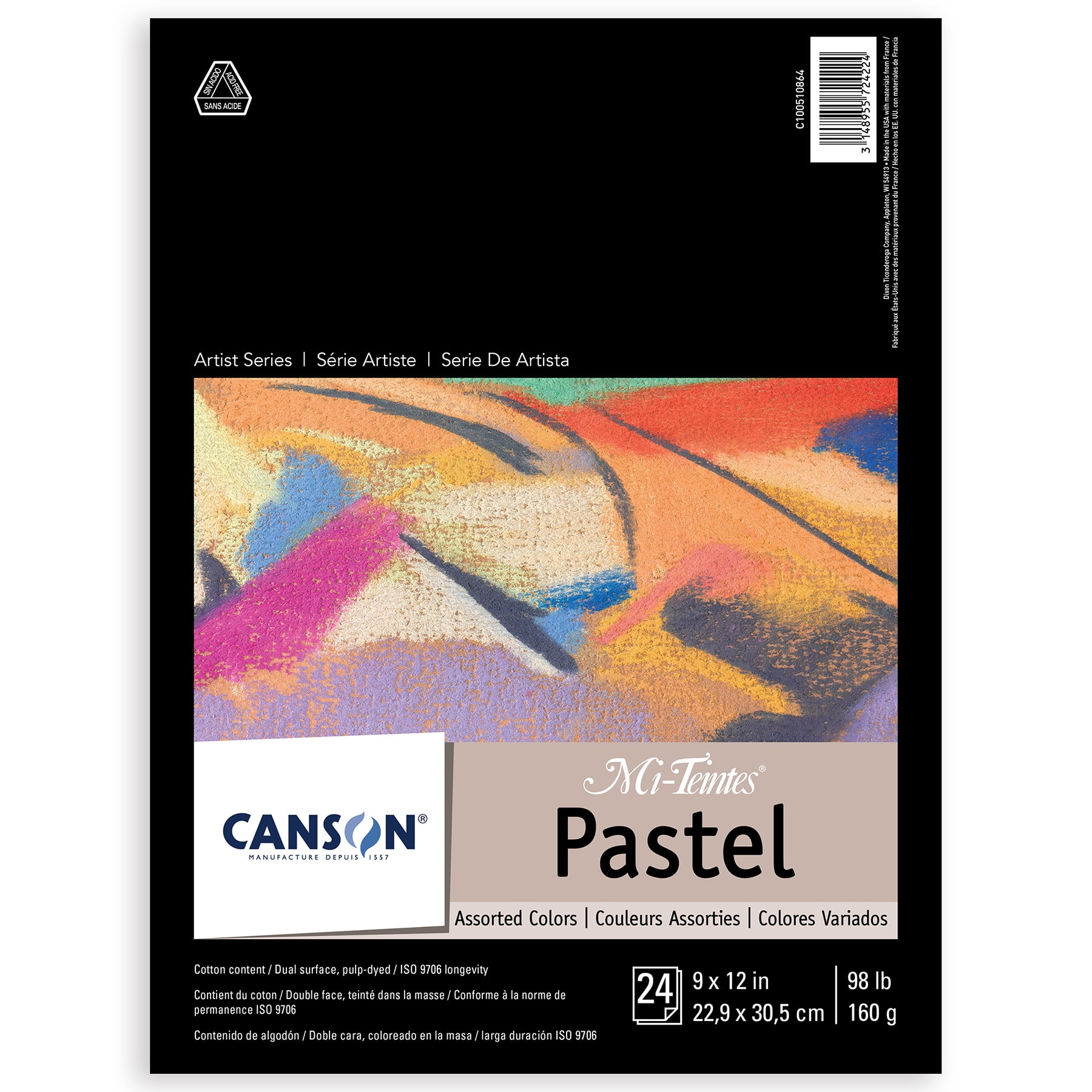 Canson Artist Series Mi-Teintes Pastel Pad, Assorted Colors, Foldover Binding, 24 Sheet, 9x12 inch, Pack of 2