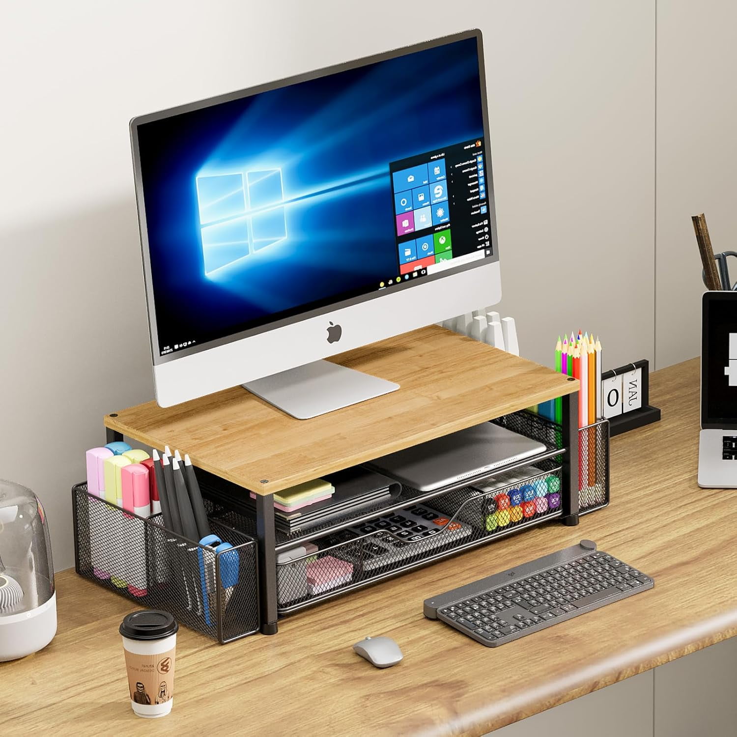 A house of tools Desk Organizers and Accessories, 2-Tier Computer Monitor Stand with Drawer and 2 Pen Holders, Office Desk Accessories Workspace Desktop Organizers for Office Supplies, Oak