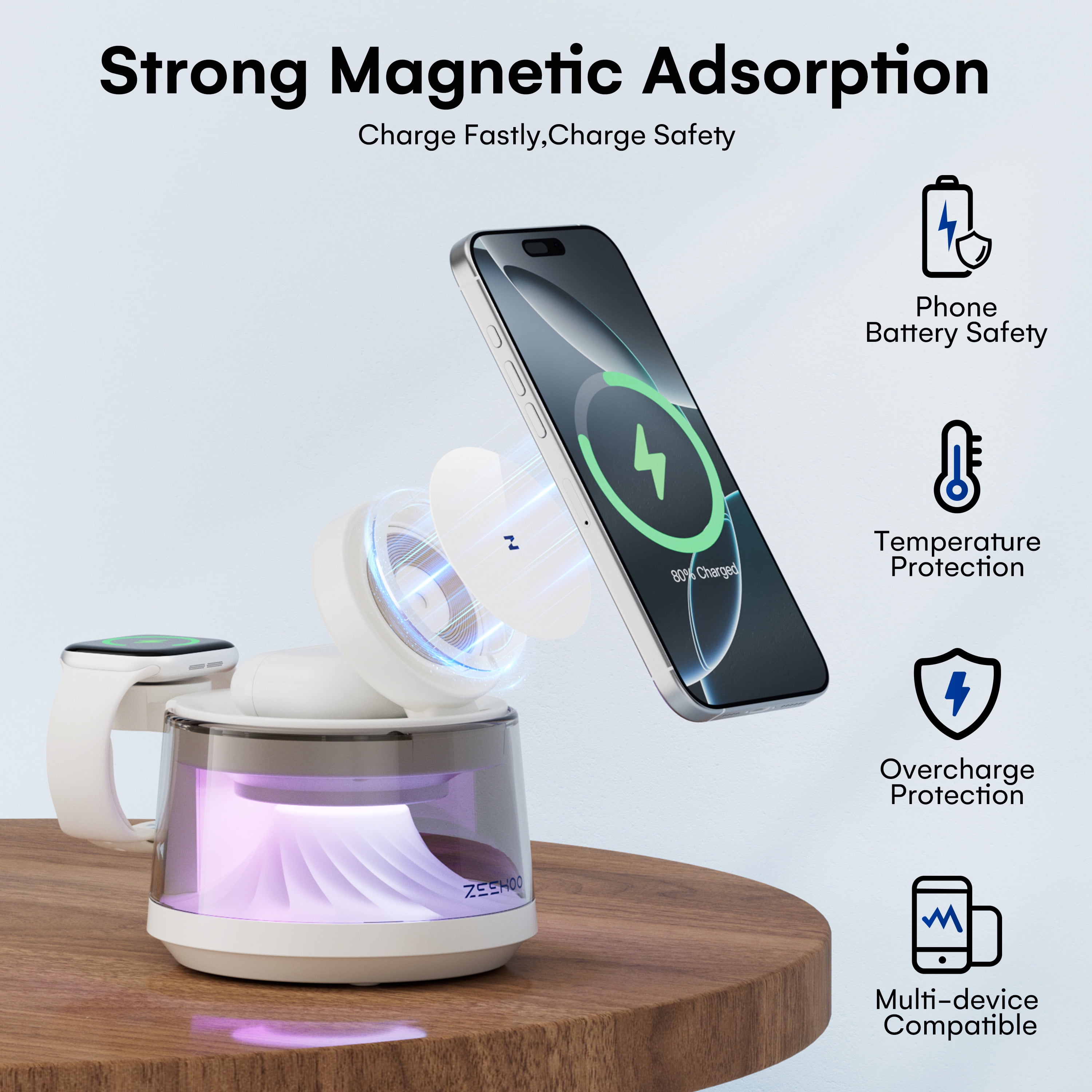 ZEEHOO 4-in-1 Wireless Charging Station with LED Night Light, 15W Fast Wireless Charger Dock for iPhone, AirPods & Apple Watch, Multi-Mode RGB Lamp, Magnetic Charging Stand for Desk & Bedside