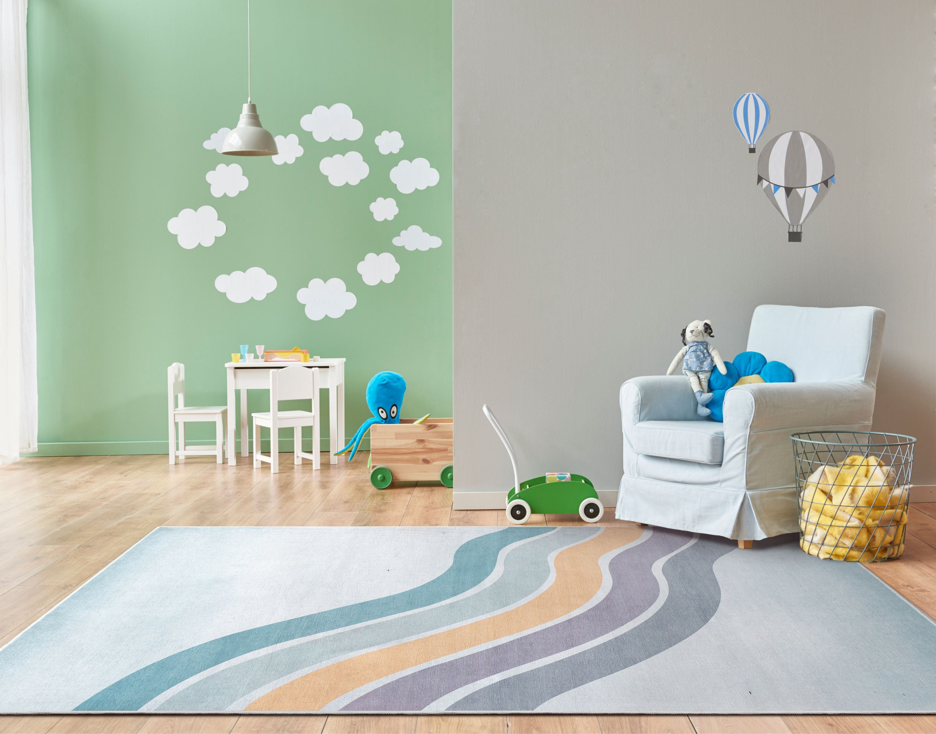 Well Woven Kids Rugs Curved Rainbow Modern Multi Color Printed Distressed Machine Washable 5' x 7' Area Rug