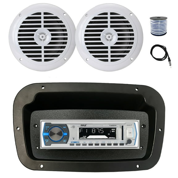 Pyle PLMRB29W Single DIN Bluetooth Marine MP3 Stereo Receiver, Spa bezel, Adapter Plate, 22" Radio Antenna, Wire, 2x 6.5" 120 Watt Peak Full Range Dual Cone Waterproof Stereo Speakers (White)
