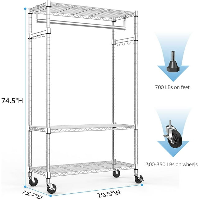 MZG Metal Clothes Rack Rolling Garment Rack with dimensions 15.7 inches deep, 29.5 inches wide, and 74.5 inches high. Features a chrome finish, open wire shelving, a hanging rod, and two adjustable shelves. Includes 4 heavy-duty 360° wheels, 2 of which are lockable, supporting 300-350 pounds on wheels and 750 pounds on feet. Suitable for various spaces like bedrooms, laundry rooms, and garages.