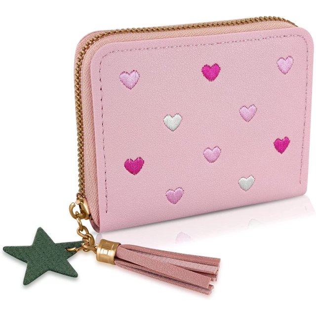 shiyou-Ladies Wallet, PU Leather Credit Card Wallet Womens Wallets with Card Slots, Solid Color Wallet with Embroidery Heart Pattern and Zipper, Lady Credit Card Holder with Star Pendant (Pink)