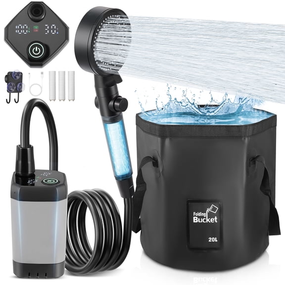 ALILYY Camping Shower with Pump,Portable Camping Shower,7800Mah Rechargeable Outdoor Shower Kit with Filtered Shower Head & 5 Gallons Foldable Bucket for Travel, Pet Bath,Car Washing,Surff