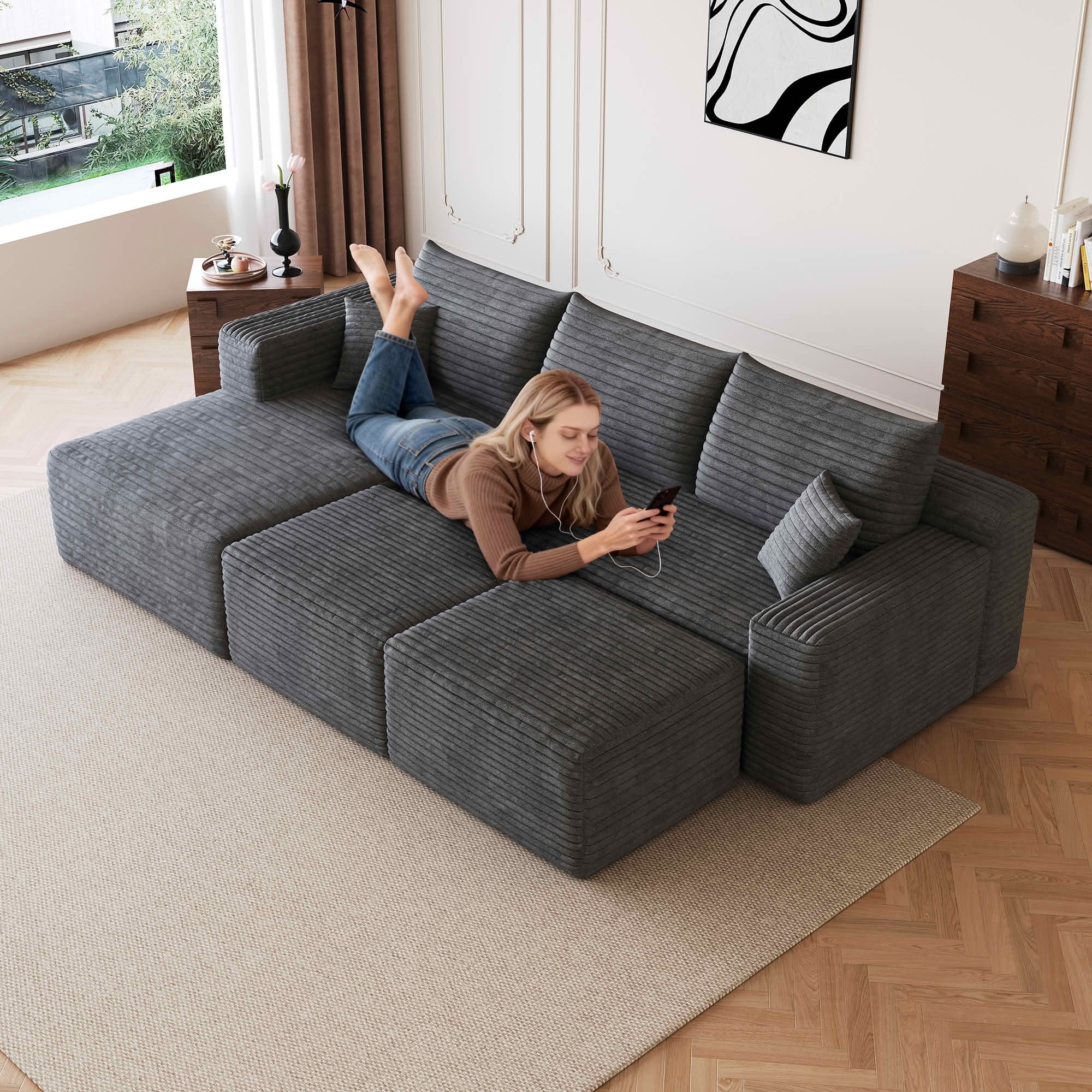 MAYEERTY 95" Cloud Sectional Sofa with 2 Ottomans, U-Shaped Corduroy Deep Seat Couch, No Assembly for Living Room, Dark Gray