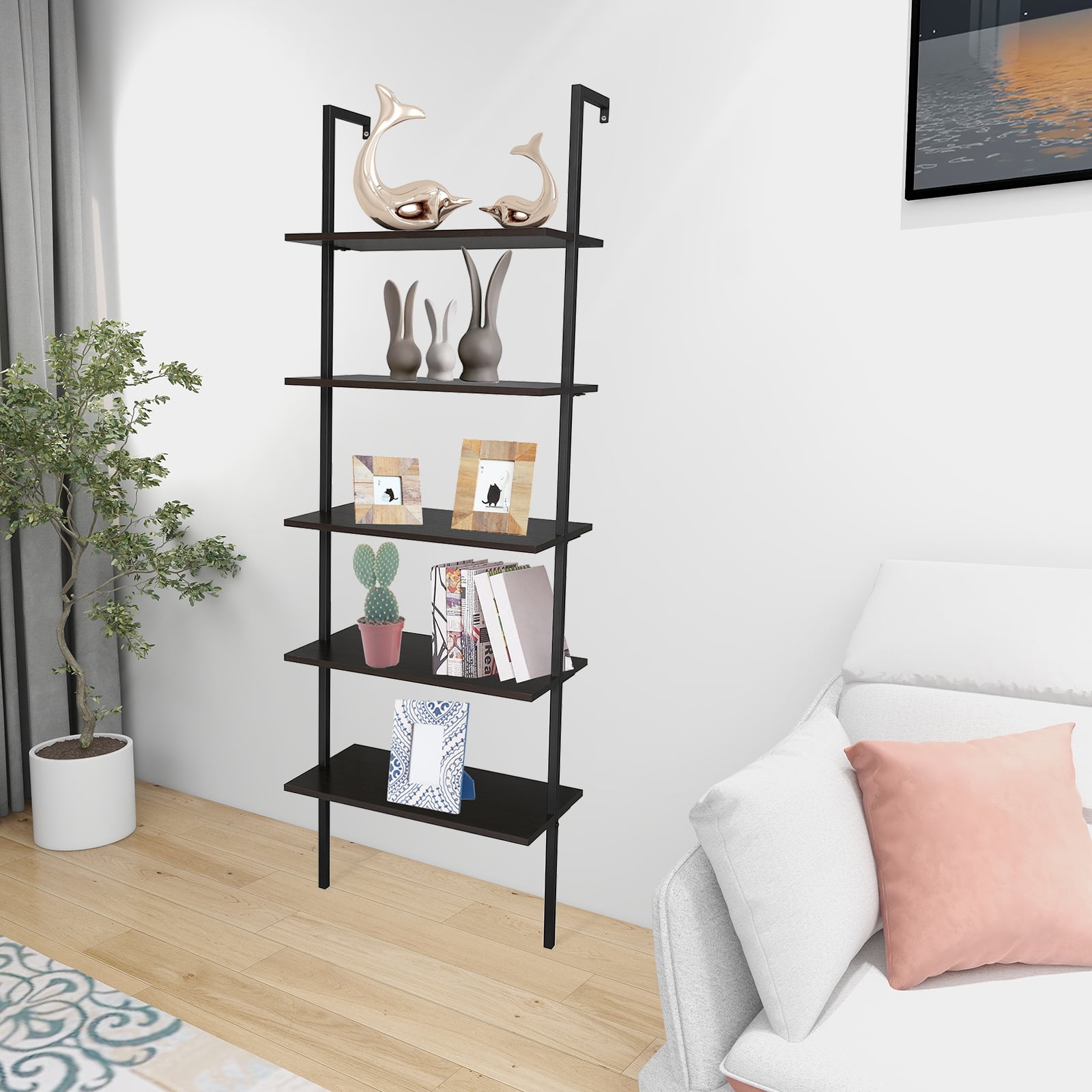 5-Shelf Ladder Bookcase with Metal Frame, Industrial 5-Tier Modern Wood Ladder Shelf Wood Shelves, Dark Walnut