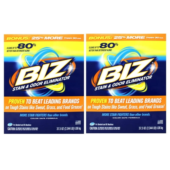 Biz Powder Stain and Odor Eliminator on Tough Stains like Sweat, Grass, and Food Grease, 37.5 Oz - 2 Pack