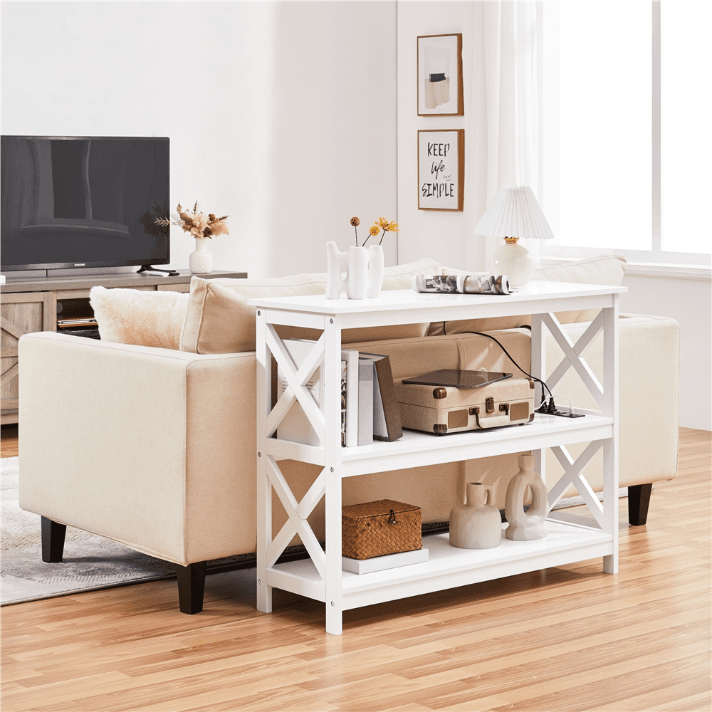 Alden Design 3-Tier Wooden Console Table with Power Outlet for Living Room, White