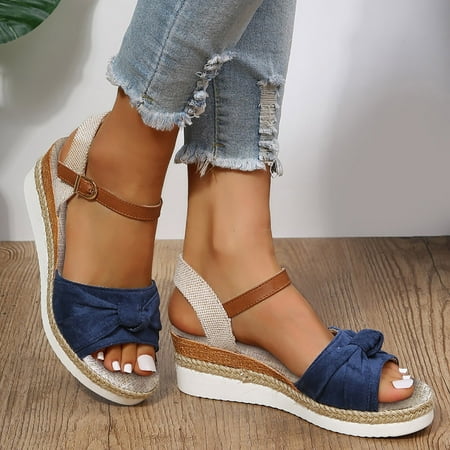 

ZHELIYO Women s sandals Color Block Knot Detail Espadrille Ankle Strap Wedge Sandals For Women Casual Open Toe Sandals Roman Platform Sandals Blue 8.5