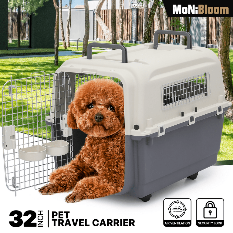 MoNiBloom 32 Cat Dog Carrier Cage Portable Pet Transport Box Airline  Approved Pet Kennel with Bowls & Wheels, 30lbs Weight Capacity, White/Grey