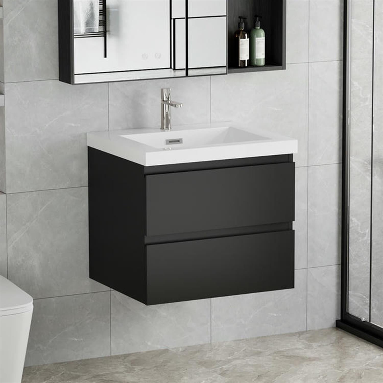 Demi Bonn 30" Floating Bathroom Vanity with Sink, Resin Top Basin and 2 Soft Close Drawers, Faucets and Drains Not Included, Black