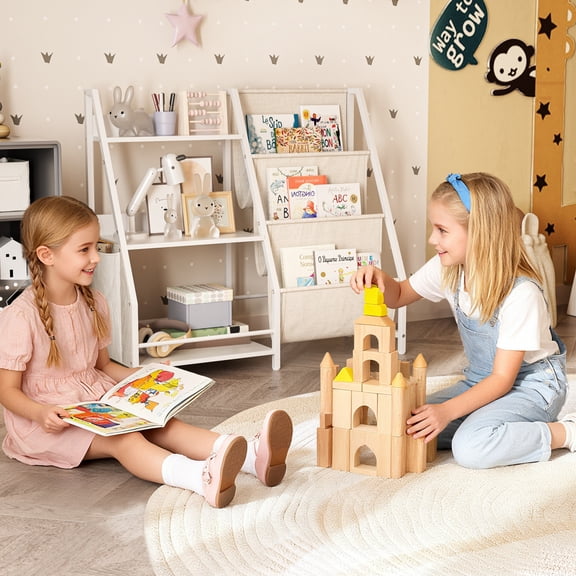 Kids Bookshelf and Toy Storage Organizer, Montessori Toddler Bookcase, Wooden & Fabric Nursery Shelf with Anti-Tip Safety, White for Playroom Bedroom