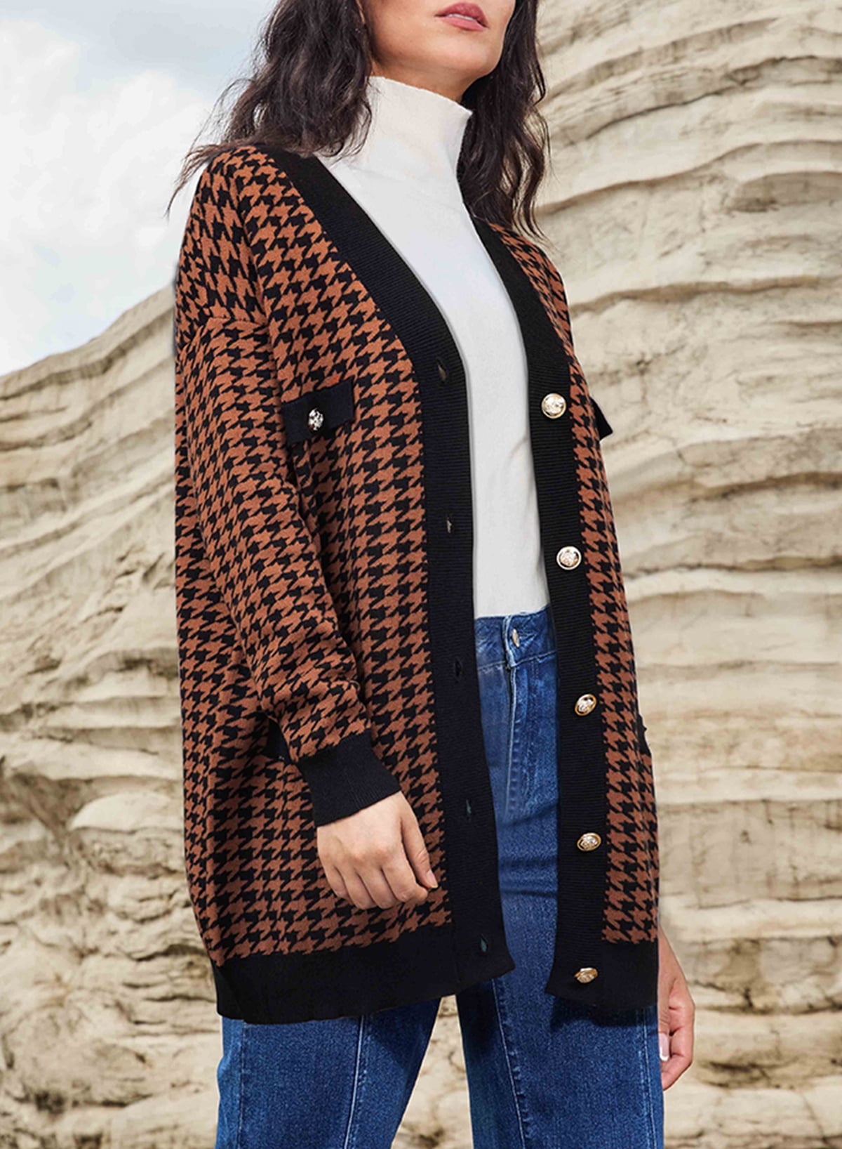 Womens Sweaters Plaid Button Front Cardigan SHEWIN Women's