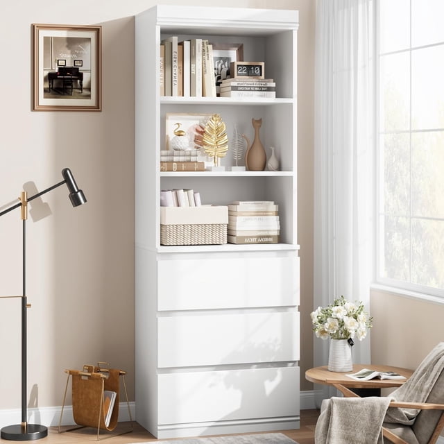 Yeshouse Librería Alta con Cajones, Estantería de Madera Profunda, Organizador de Gabinete de Almacenamiento para Sala de Estar, Estudio, Cocina U Oficina en Casa
