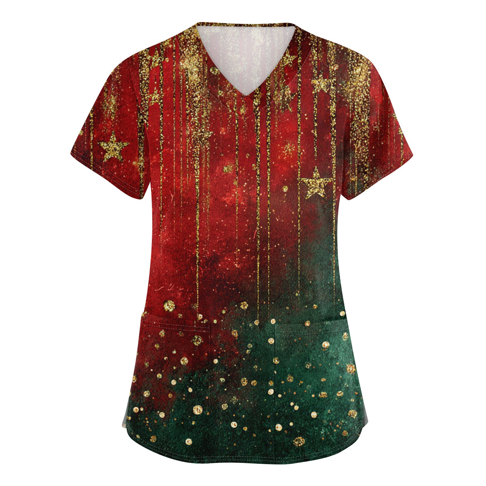 Christmas Scrubs for Women V Neck Short Sleeve Xmas Printed Scrub Tops Christmas Cartoon Pattern Plus Size Medical Nursing Uniform with Pockets - 01 - Green - 3XL