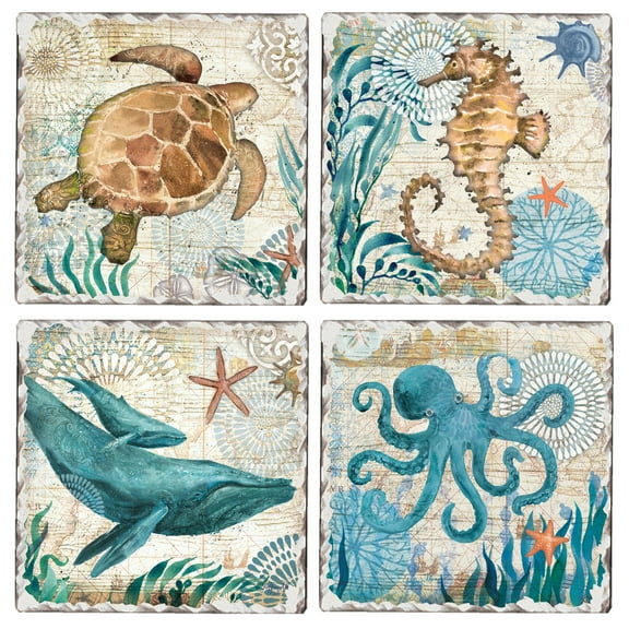CounterArt "Monterey Bay" 4 Pack Absorbent Stone Tumbled Tile Coasters 4" Square