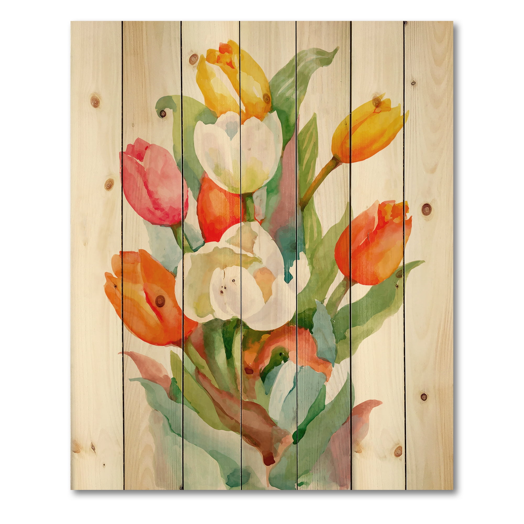 Designart 'Blooming Orange and White Tulips Flower' Traditional Print on Natural Pine Wood