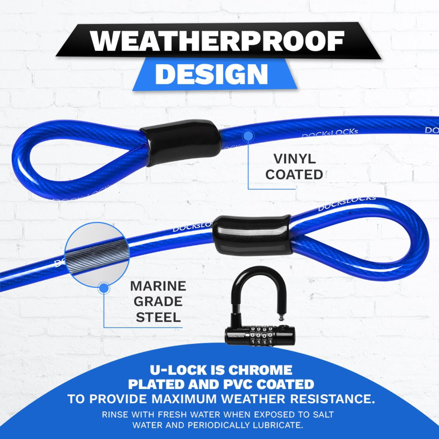 DocksLocks 10ft Weatherproof Straight Security Cable with U-Lock - Anti-Theft, Heavy Duty, Durable Outdoor Security for Kayaks, Bikes, Scooters - 1.8 lbs