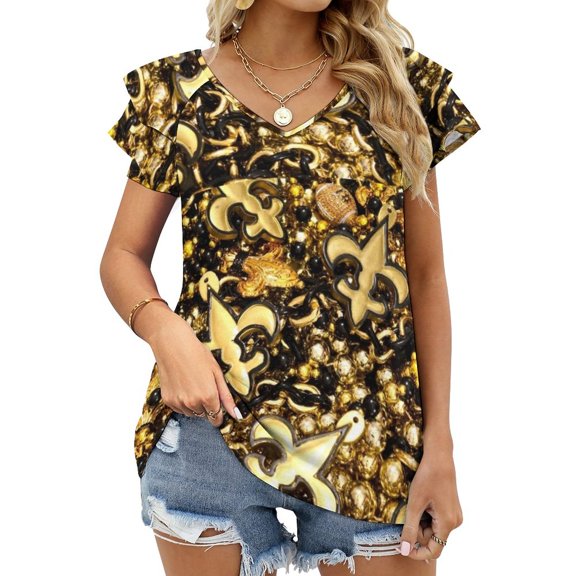 New Orleans Black And Gold Louisiana Fleur De Lis Beads Lotus Leaf Neck T-Shirt Long Sleeve Women'S T Shirt Elegant Fashion