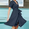 thumbnail image 4 of Itsame Women Summer Dress Pocket Solid Color V-neck Cotton Thin Dress Navy Size S, 4 of 7