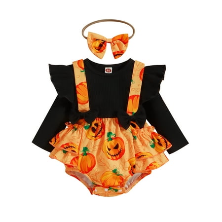 

IZhansean Newborn Baby Girls Halloween Outfits Long Sleeve Pumpkin Ruffle Romper Bodysuit Headband 2Pcs Set Black Pumpkin 12-18 Months