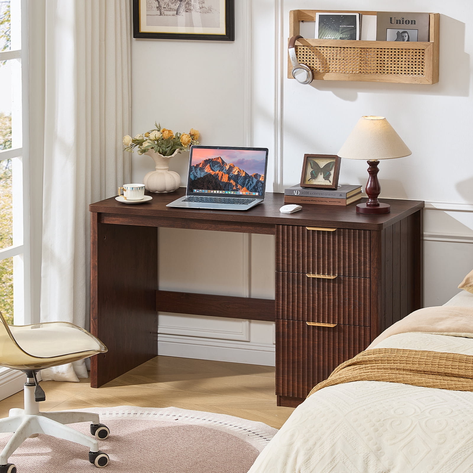 Fluted Executive Desk, 48" Modern Wood Home Office Desk with File Drawer & Metal Handles, Computer Writing Desk, Walnut