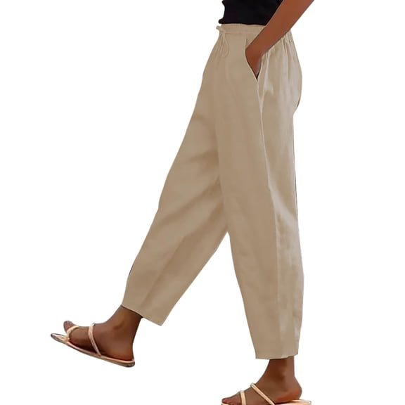 Sewkxo Womens Pant Plus Size Linen Drawstring Elastic Waist Pants Spring Summer Casual Baggy Casual Pants with Pockets,Khaki 3XL
