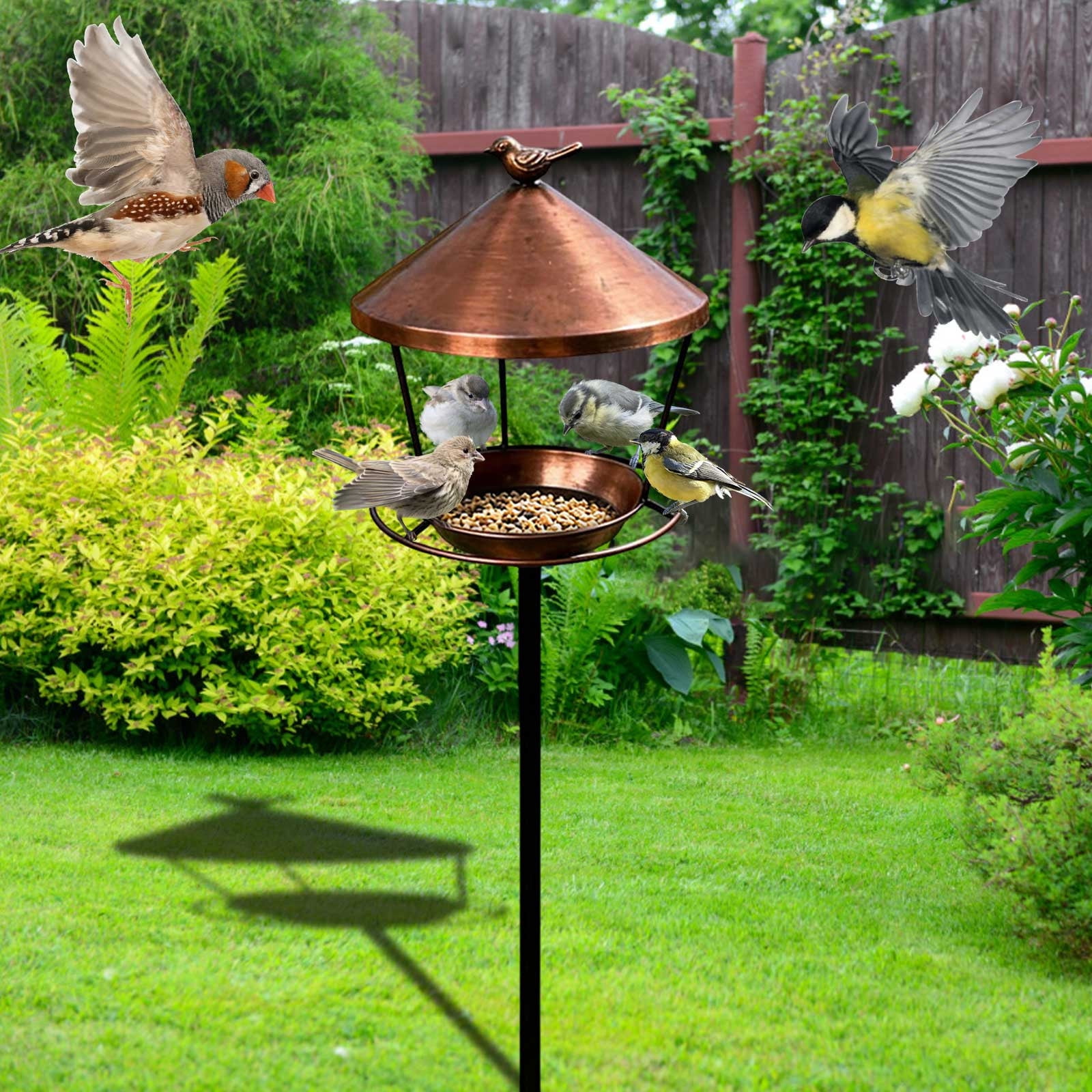 Standing Bird Feeder Tray, 7.8" Stainless Steel Large Platform Bird Feeder Mesh Seed Tray with Heavy Duty Stand Birds Feeder Pole for Outside Wild Birds in Garden Backyard