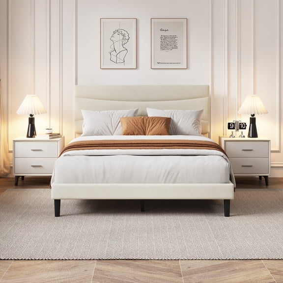 Modern Minimalist Upholstered Platform Bed Frame with Headboard Queen Size White Velvet Soft Padded Sturdy Wooden Slats Noise-Free Underbed Storage No Box Spring Needed Easy Assembly