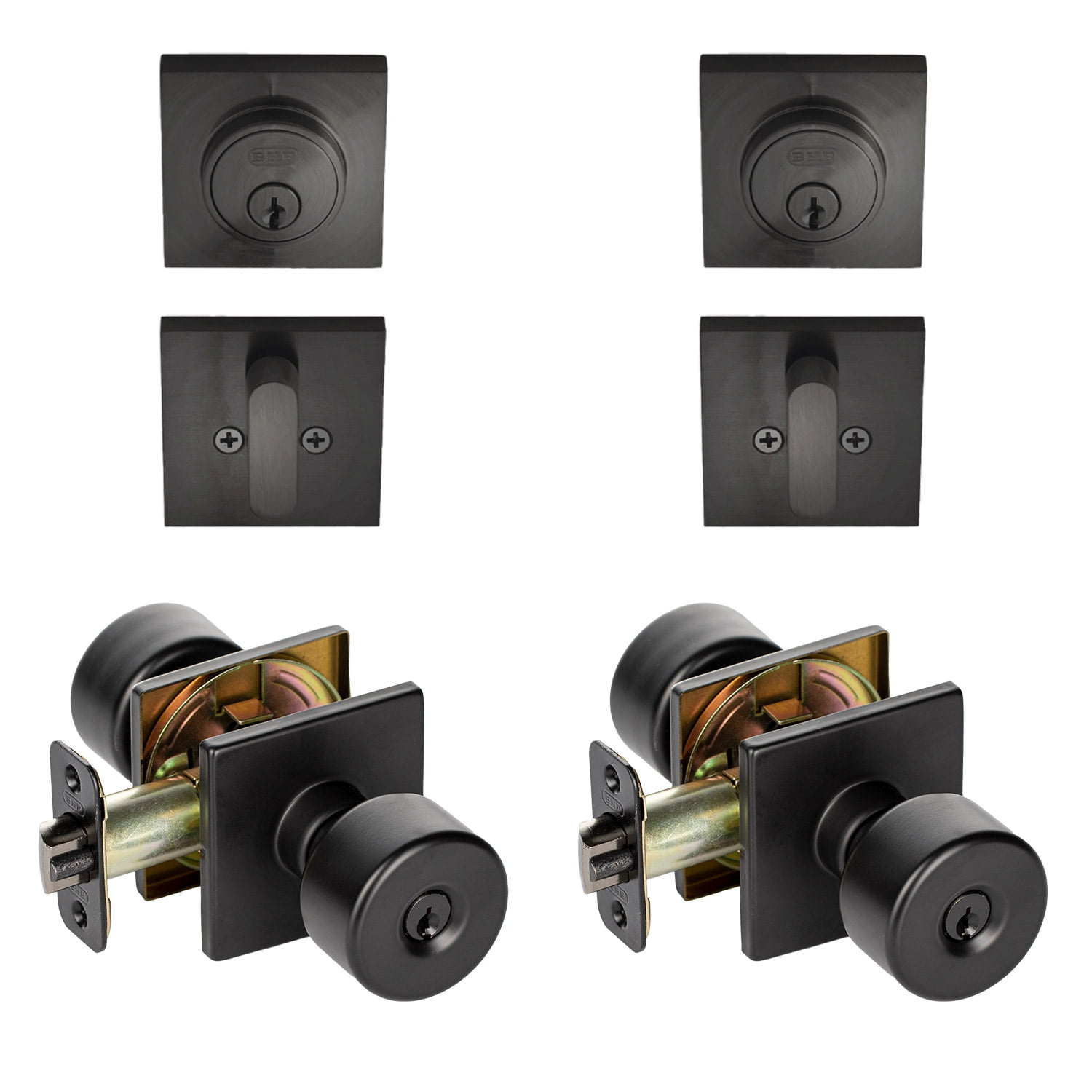 Matte Black Flat Keyed Entry Door Knob / Deadbolt Project 2Pack with