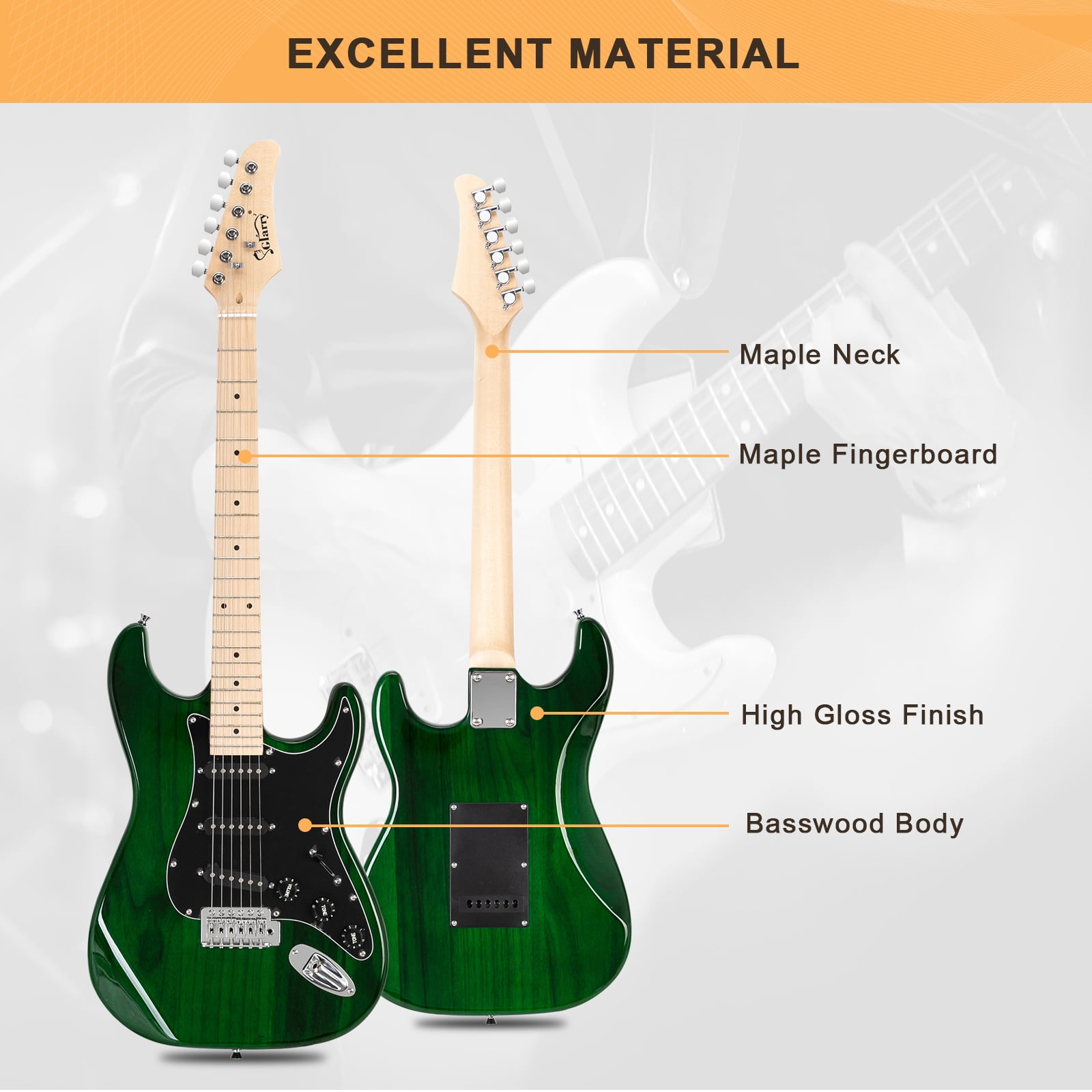 GLARRY Full Size Maple Electric Guitar with Amp and Case Beginner Green