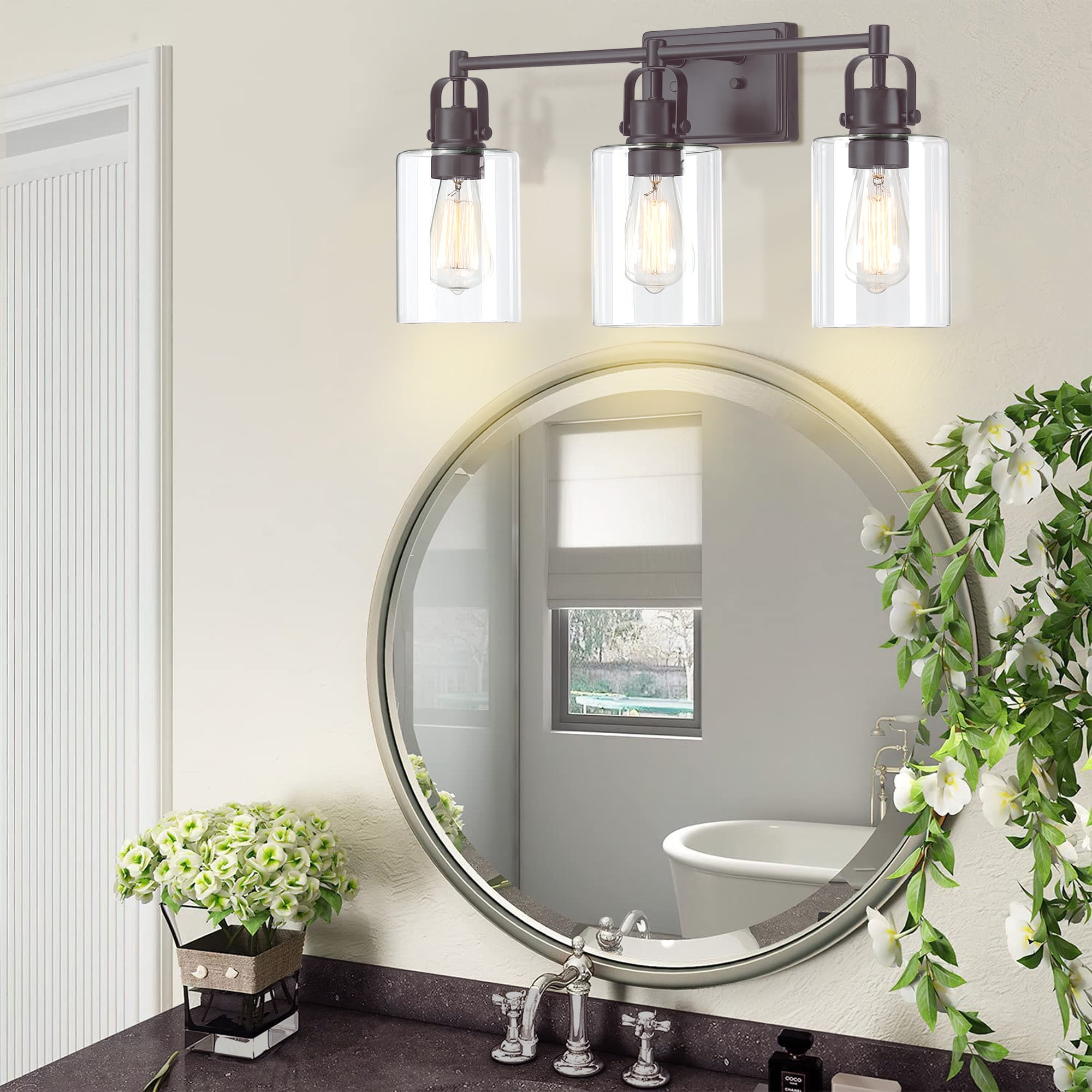3-Light Bathroom Light Fixtures Dark Bronze Vanity Lighting over Mirrors, Vintage Wall Sconce with Clear Glass Shade