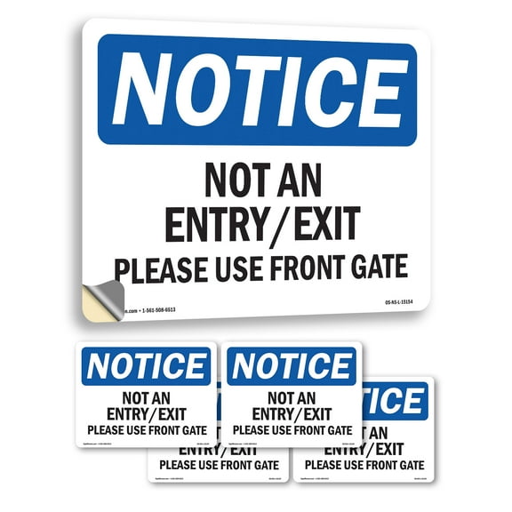 Not An Entry Exit Please Use Front Gate OSHA Notice Vinyl Decal Label 5 Inch x 3.5 Inch - 5 Pack